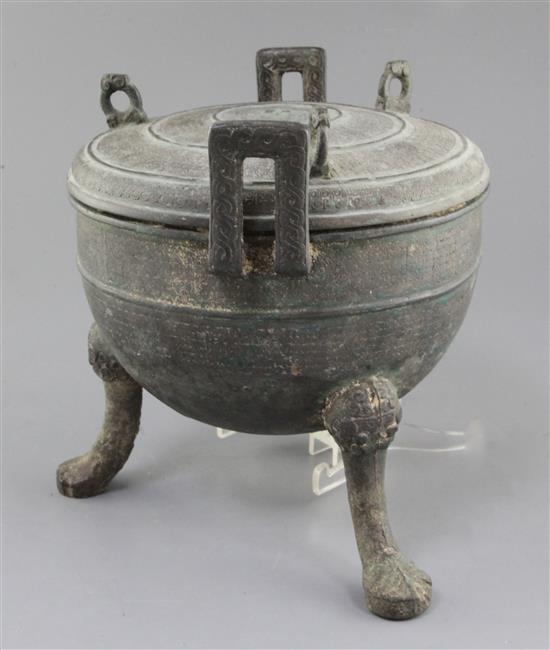 A Chinese archaic bronze ritual food vessel and cover, Dui, Warring States period, 4th-2nd century B.C., 25cm high, 27cm wide, damage